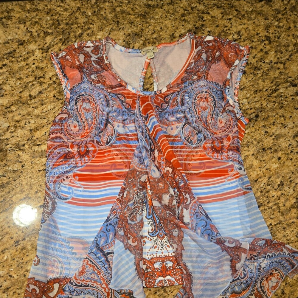One World Women's Large Sleeveless Boho Tank & Chiffon overlay Red White Blue